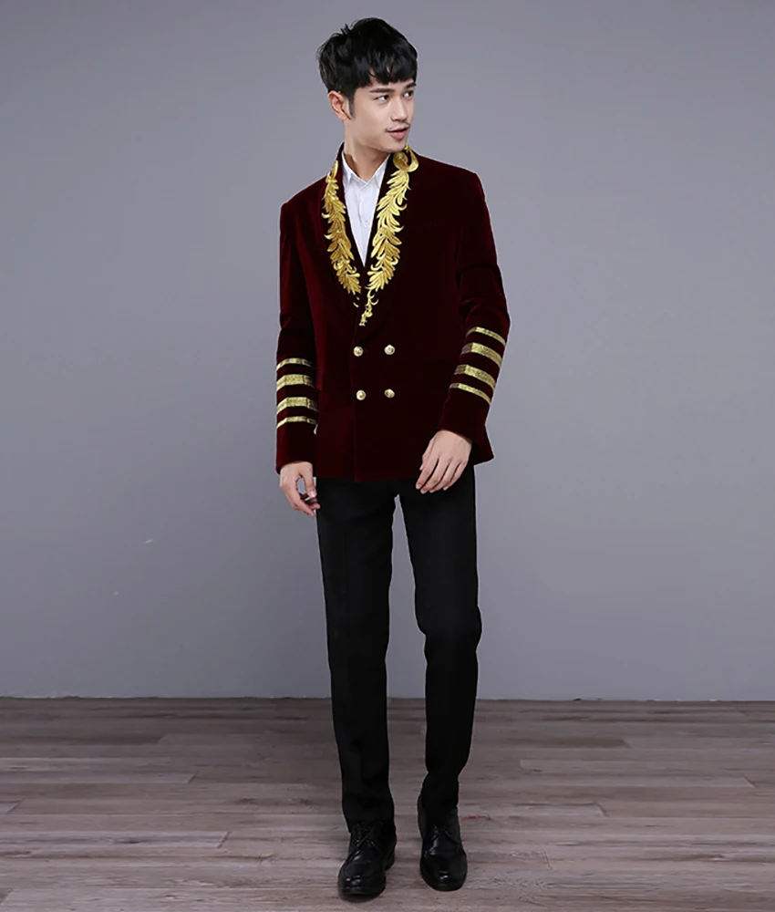 

Elegant velvet embroidered slim-fit double-breasted men's host's outfit, high-quality singer choral performance suit.