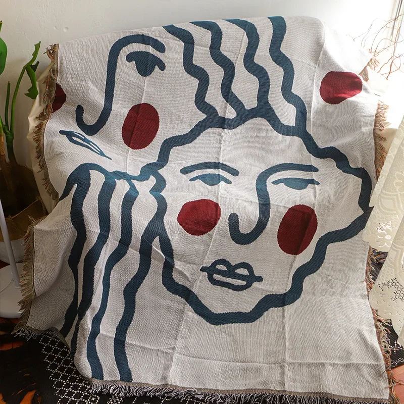 Abstract Face Tapestry Blanket Bohemian Woven Throw Tassels Modern Art Sofa Cover Geometric Wall Hanging Minimalist Home Decor