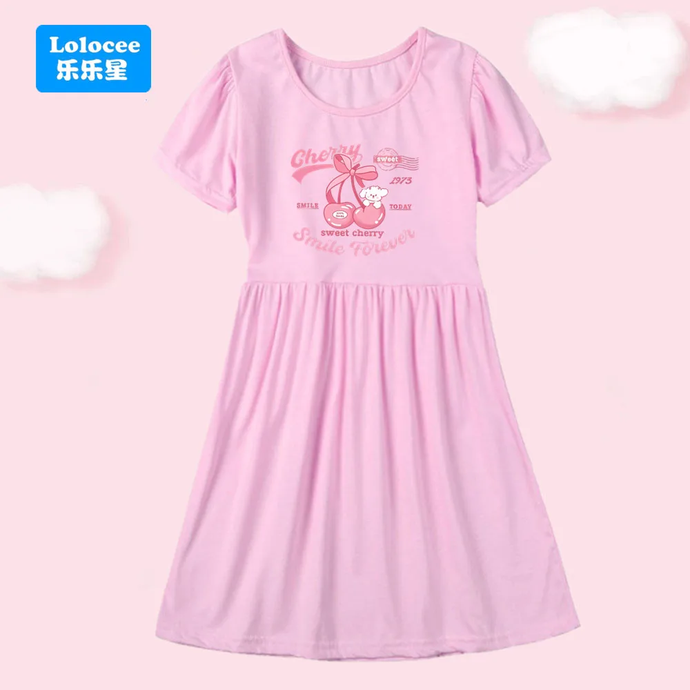 Kinder Rosa/Lila Kurzarm Kleid Mädchen Süße Kirsche Druck Sommer Kleid Mädchen Baumwolle Schule Gerade Kleider YT01