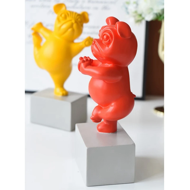 2X Yoga French Bulldog Statue Nordic Cartoon Animals Sculpture Home Living Room Decor Resin Figurines Yellow & Green