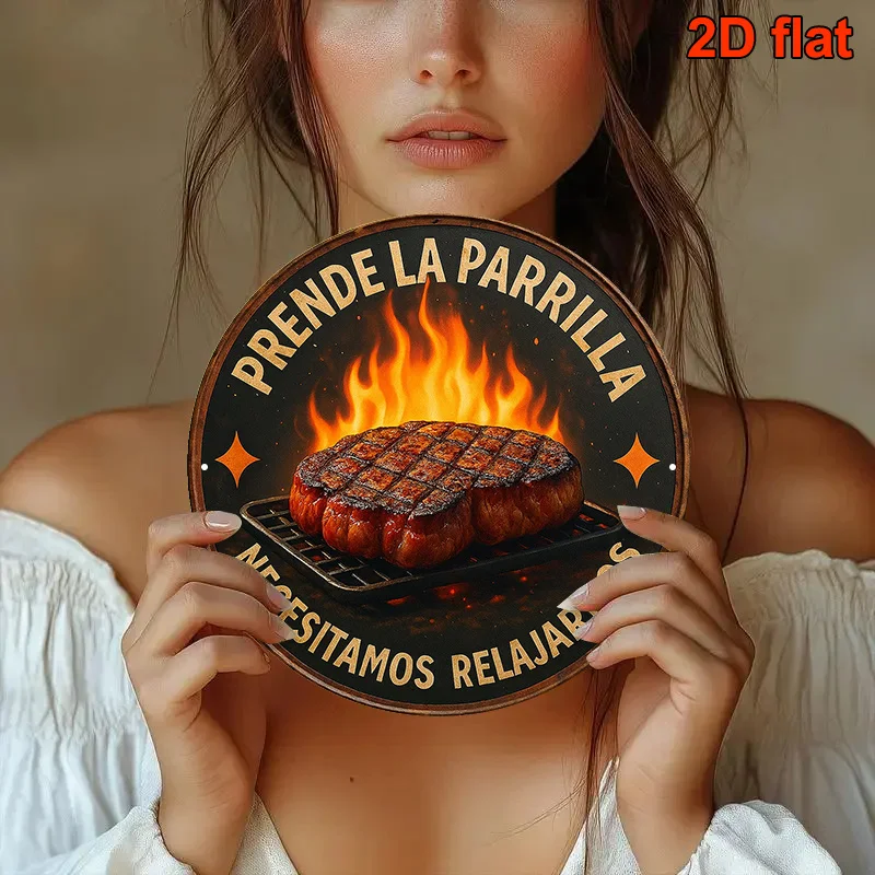 2D Flat, 1pc, 8x8 Inch Round Spanish Aluminum Sign, Vintage Decorative Plaque for "Asado" (Spanish Barbecue), Suitable for Decor image 3