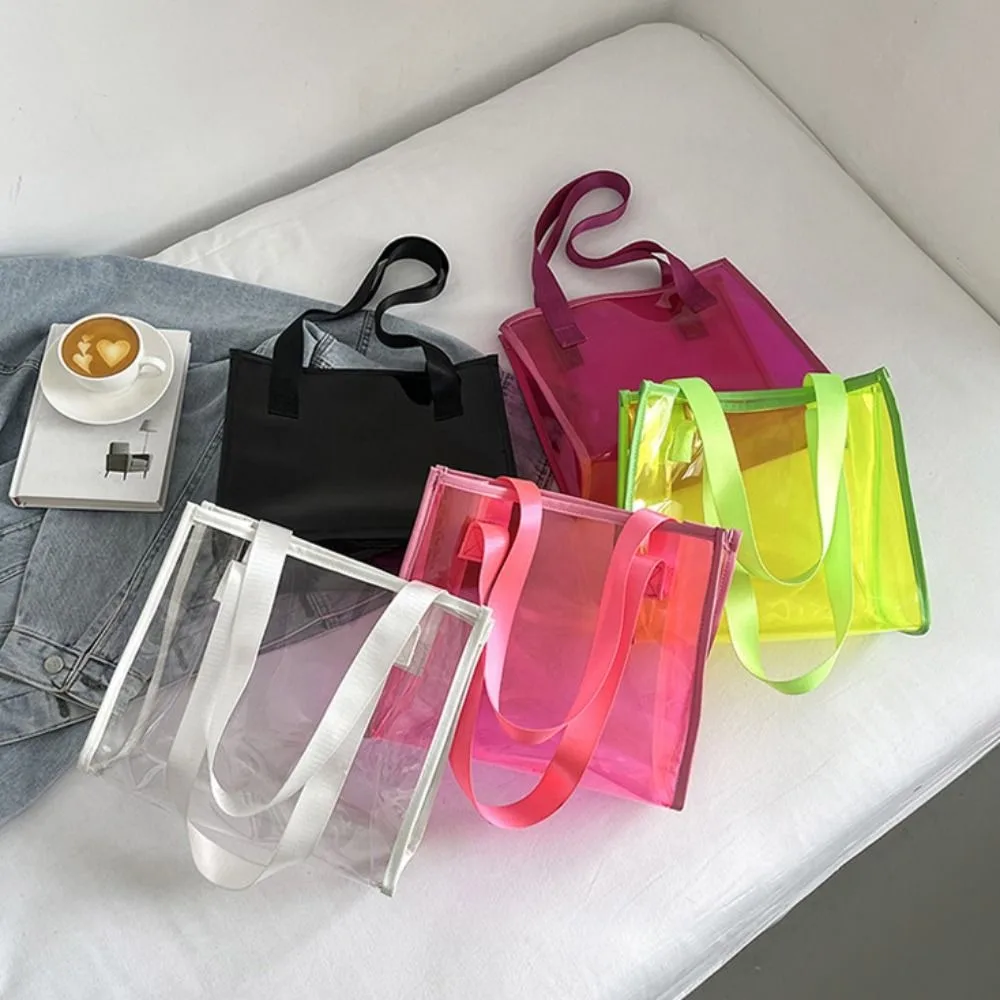 Square Transparent Handbag Candy Color Large Capacity Waterproof Shoulder Bag Jelly Color Messenger Bag PVC Tote Bag Beach