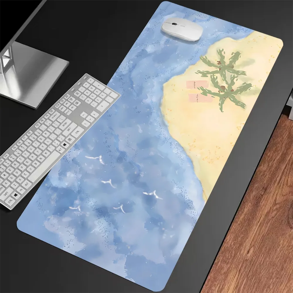 

Beach-Themed Extended Desk Mat: Watercolor Blue Ocean, Sunny Sand, Palms & Seagulls – Spacious Keyboard/Mouse Pad