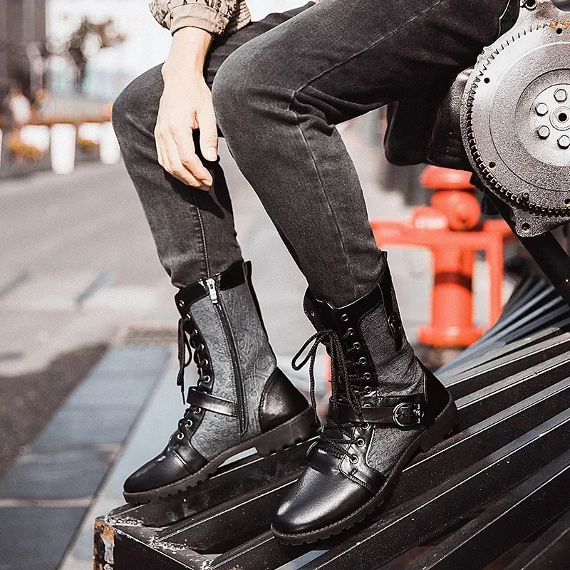 Herren Punk Stiefel Straße Motorrad Stiefel Seite Reiß verschluss Schnalle Riemen Herren Stiefel lässig Leder Jazz Stiefel Schnürstiefel erkek