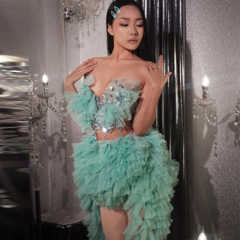 Sexy Pole Dance Mesh Sleeves Party Dress Women Celebrate Evening Dress Gogo Costume Bar Rave Outfit Dj Ds Festival Wear