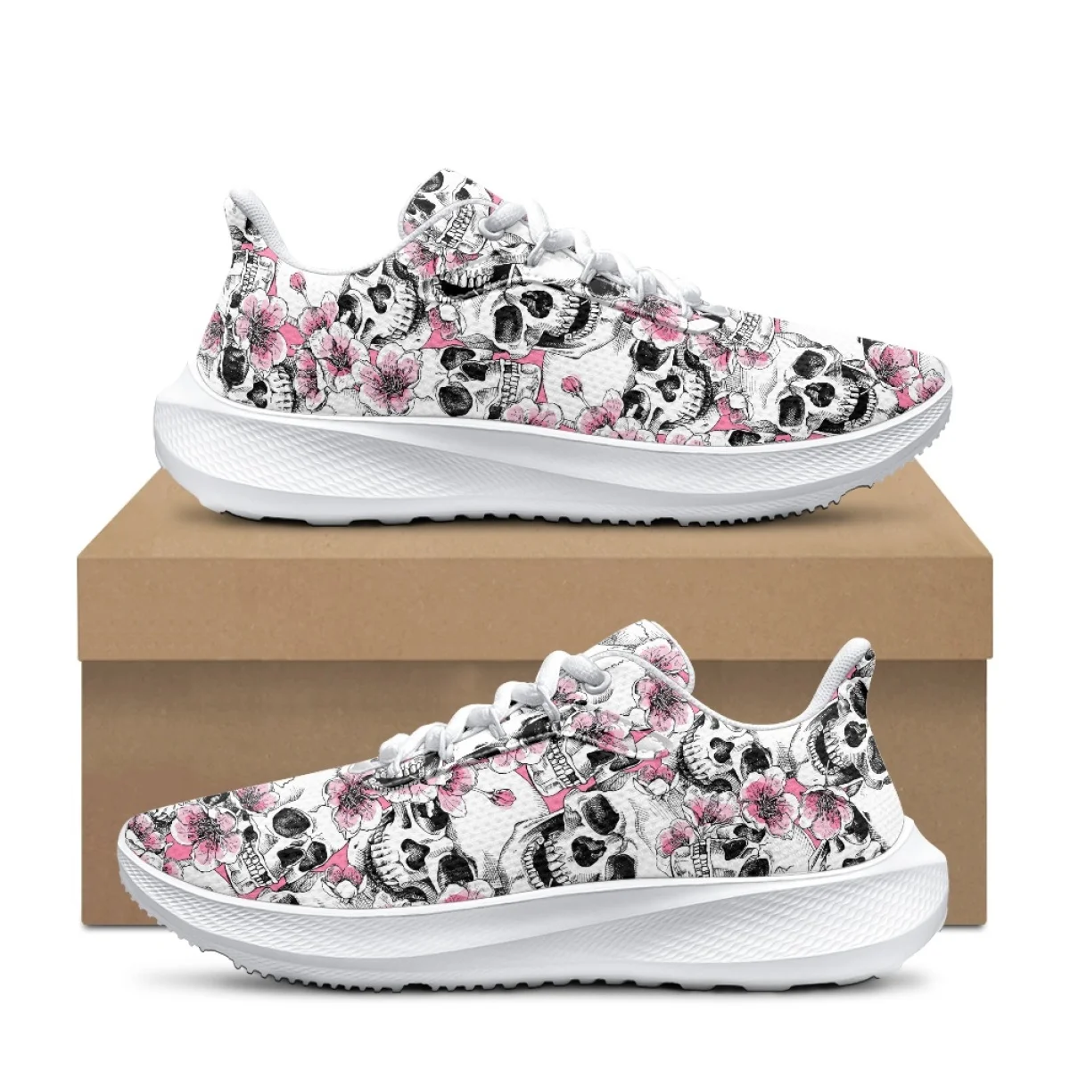 

New Flower Skull Pattern Ladies Sport Shoes Dirt Resistant Durable Round Toe Lace Up Sneakers Breathable Non-Slip Outdoor Travel