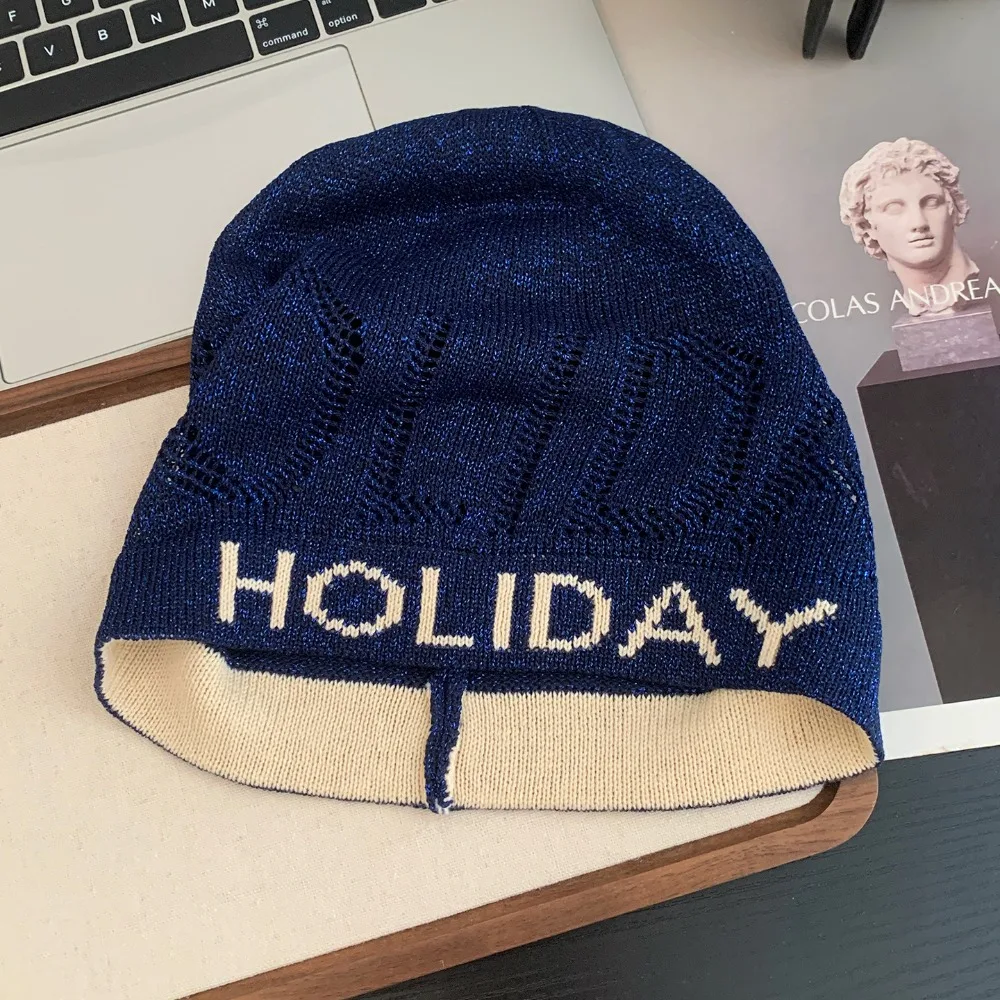

Fashion Vintage Sequin Knitted Hat Hollow Thin Letter Beanie Hat Cool Mixed Color Woven Cap Streetwear