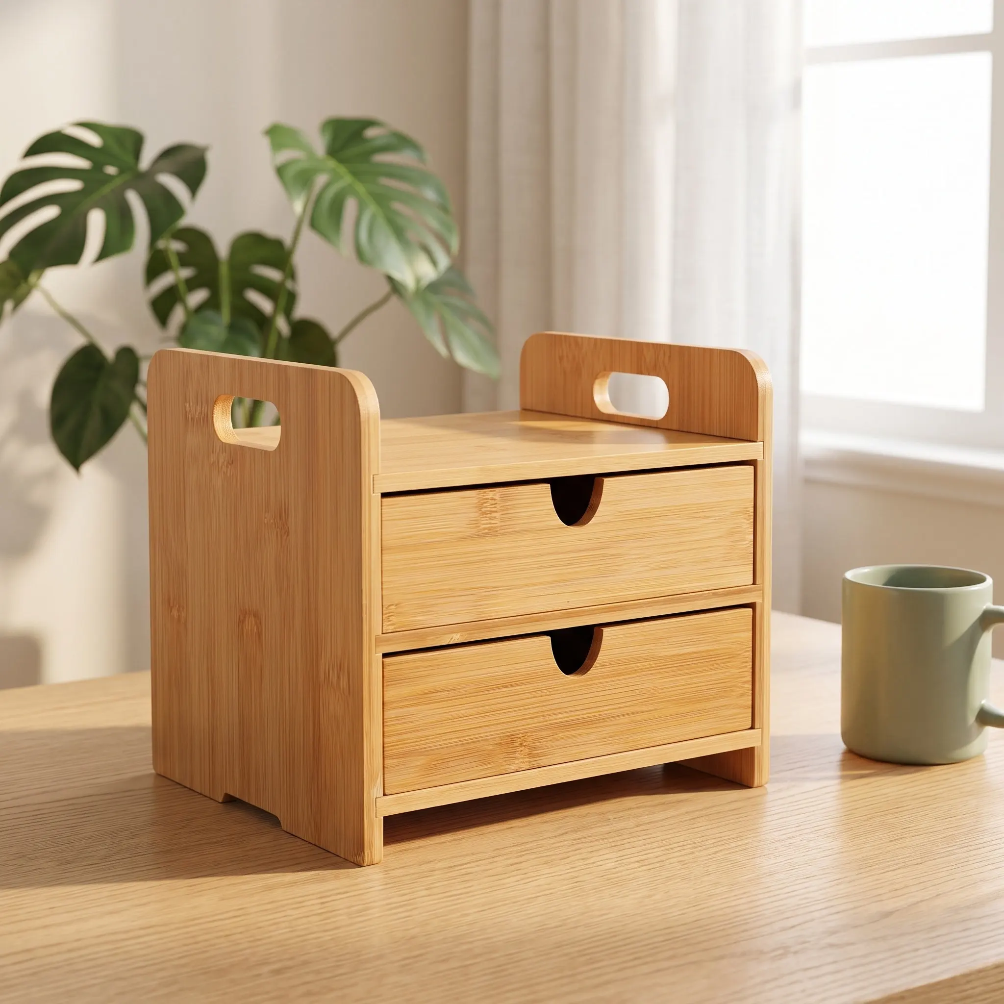 3-Tier Bamboo Desktop Organizer 2 Drawers Smooth Varnished Surface Space Saving Craft Cosmetics Stationery Storage