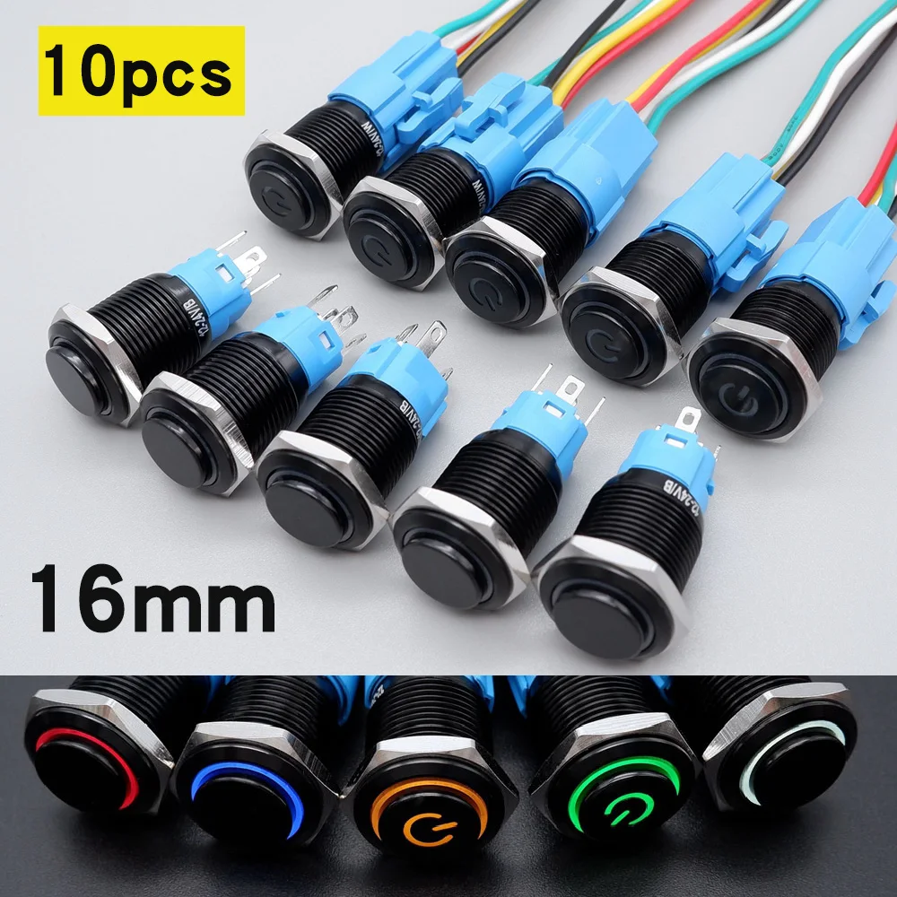 

10pcs Black Metal Push Button Switch 16mm Led Light High Head Waterproof Illuminated On Off Car Engine Power Start Stop 5v 12v