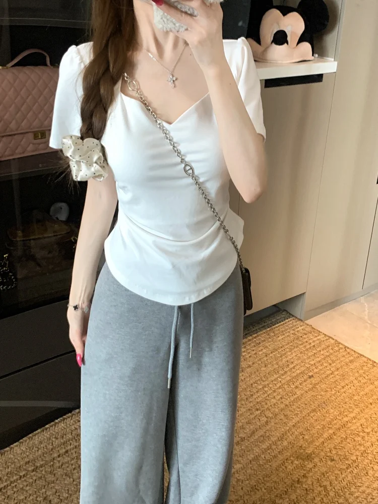 plus Size Women's Heart Collar Short Sleeve T-Shirt Slimming Bubble Sleeve Cover Belly Meat Concealing Top Korean Style Commute