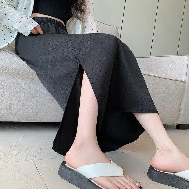 Premium Acetate Midi Skirt Gilded Slit High Waist Textured Summer Skirt
