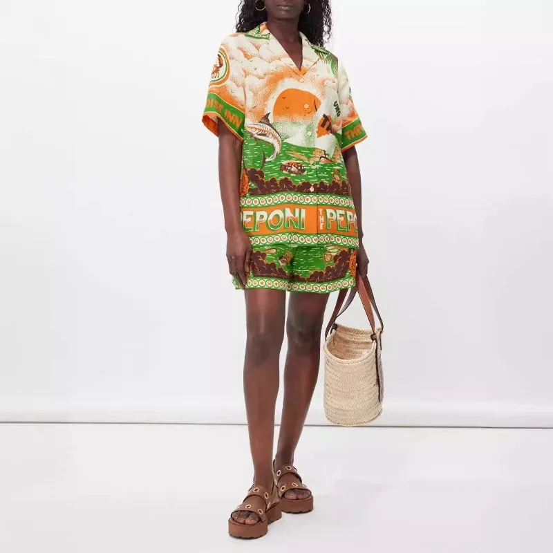 

2025 New European American Casual Cotton Linen Print Shirt Shorts Set