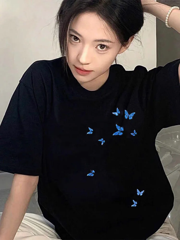 Stylish Butterfly Print Short-sleeve T-shirts Women's 2025 Summer New Fashion Loose Comfort T-shirt Women's Round Neck Nice Tops