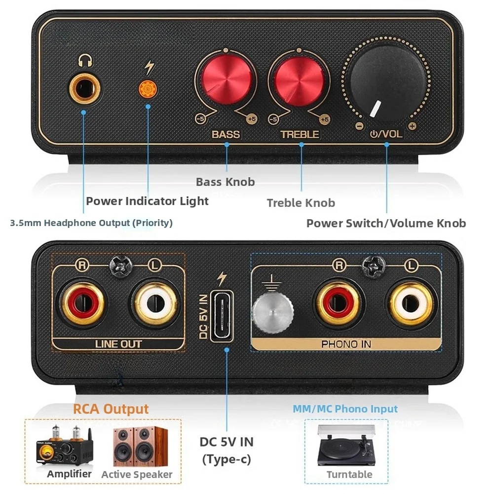Phono Preamp For Turntable With Bass And For Treble Control ±5 DB 3.5mm Headphone Output Turntable Phono Preamp Instrument Part
