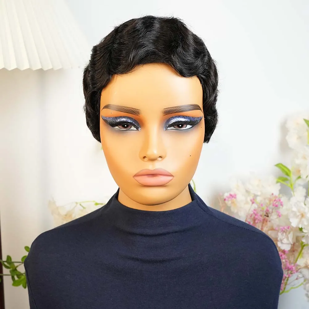 Kurze lockige Pixie-Schnitt-Perücke, kurzer Bob, Echthaar für schwarze Frauen, Fingerwelle, geschichteter Bob, maschinell hergestellte Perücke für Frauen