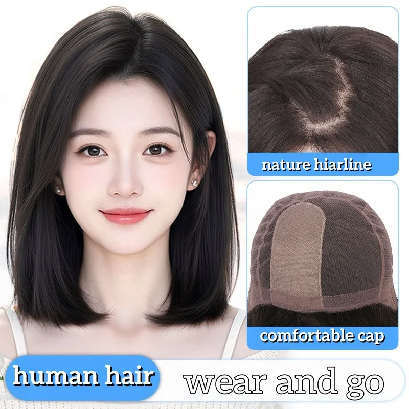 100% Human Hair Wig Side Part Needle Scalp Natural Black Short Wigs Comfortable 12 Inches Bob Cute Headband Wig Human Wigs