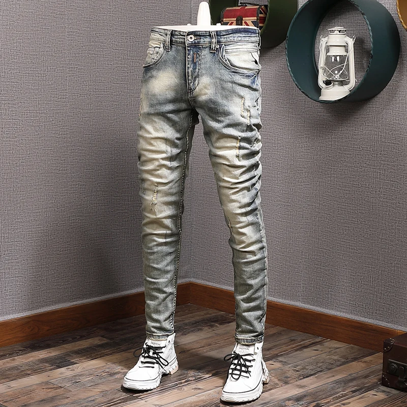 

Newly Designer Fashion Men Jeans Retro Yellow Blue Elastic Slim Fit Ripped Jeans Men Italian Vintage Casual Denim Pants Hombre