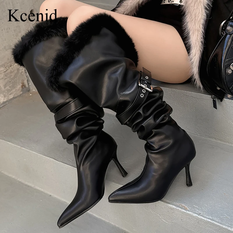 

Kcenid Women's High Heel Over The Knee Boots Black Warm Winter Slip-On Stiletto Pointed Toe Pleated Design Fashionable Shoes New