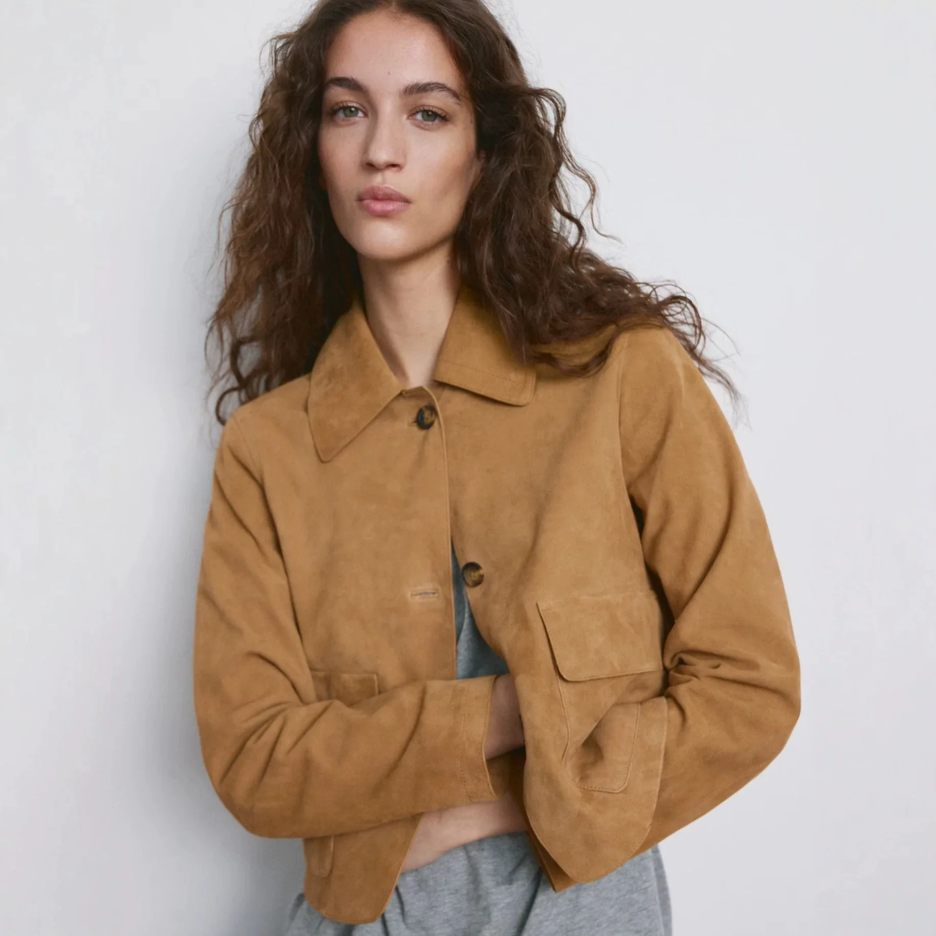 Europe, America, Popular Light Khaki Lapel Suede Short Jacket Women's Single-breasted Pocket Simple Casual Jacket Top