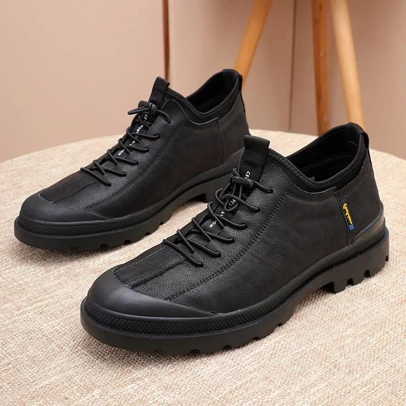 Elastic Band Genuine Leather Men Shoes Vintage Platform Wear-resistant Casual Shoes New Style Sewing Loafers Black Brown M8001