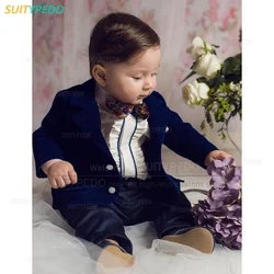 Fashion Navy Blue Baby Boy's Suit Set Velvet Blazer Birthday Party Photography Formal Costume Classic Jacket And Pants 2 Pieces