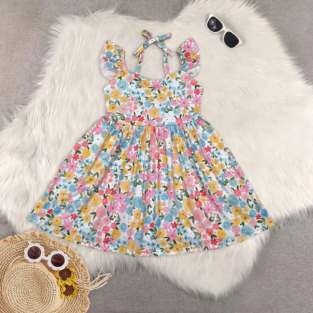 

Baby Girls Flutter Sleeves Yellow Floral Backless Bow Knee Length Dresses