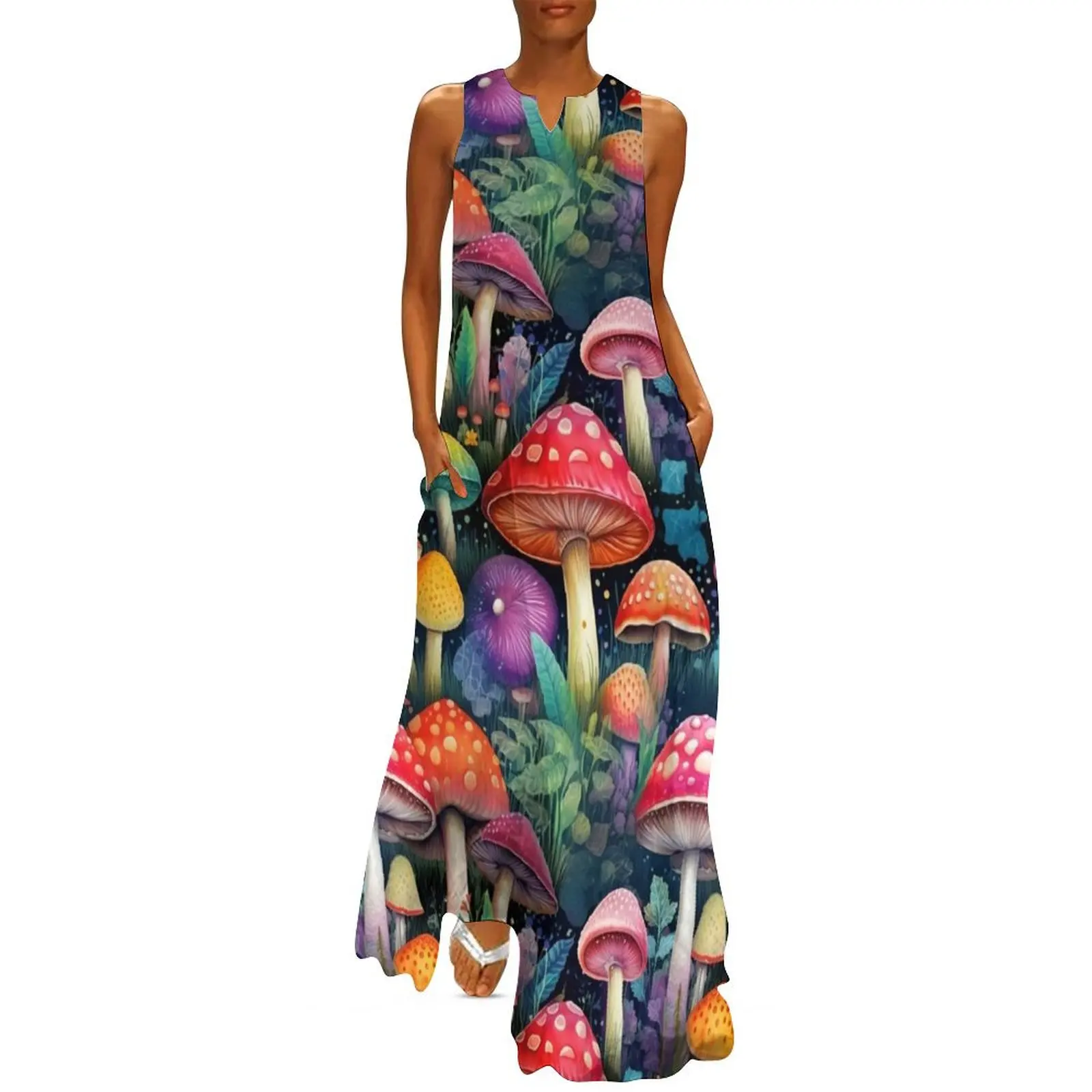 

Retro Vintage Mushroom and Flower Print in Rainbow Colors Long Dress Woman clothes Clothing