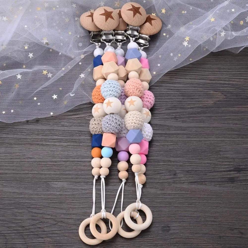 Wooden Crochet Ball Teething Ring Chain Nipple Clamp Dummy Holder Clip Chew Accessories Baby Pacifier Clips Silicone Beads