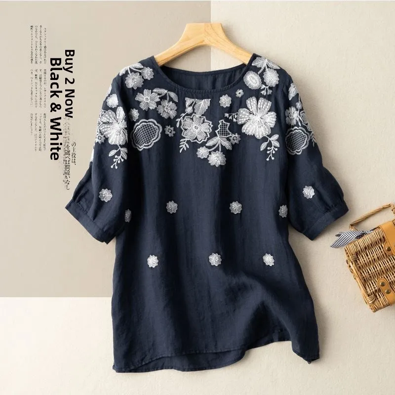 

Футболка с вышивкой из 85% хлопка, женская летняя новая футболка большого размера ort Sve round Ne Regular Sve pe, удобная, дышащая