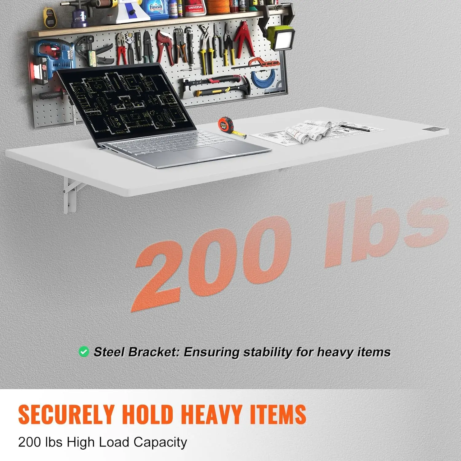 壁掛け折りたたみテーブル、47.24インチ x 19.69インチの壁掛けドロップリーフテーブル、アイアンブラケット付きフローティングデスク、折りたたみデスク