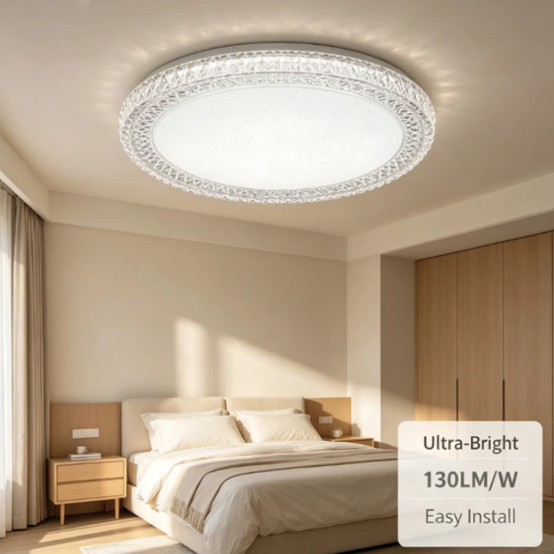 Modern Led Ceiling Light Round Fixture With Crystal Trim And Frosted Panel For Living Room Bedroom Luxury Home Lighting Decor