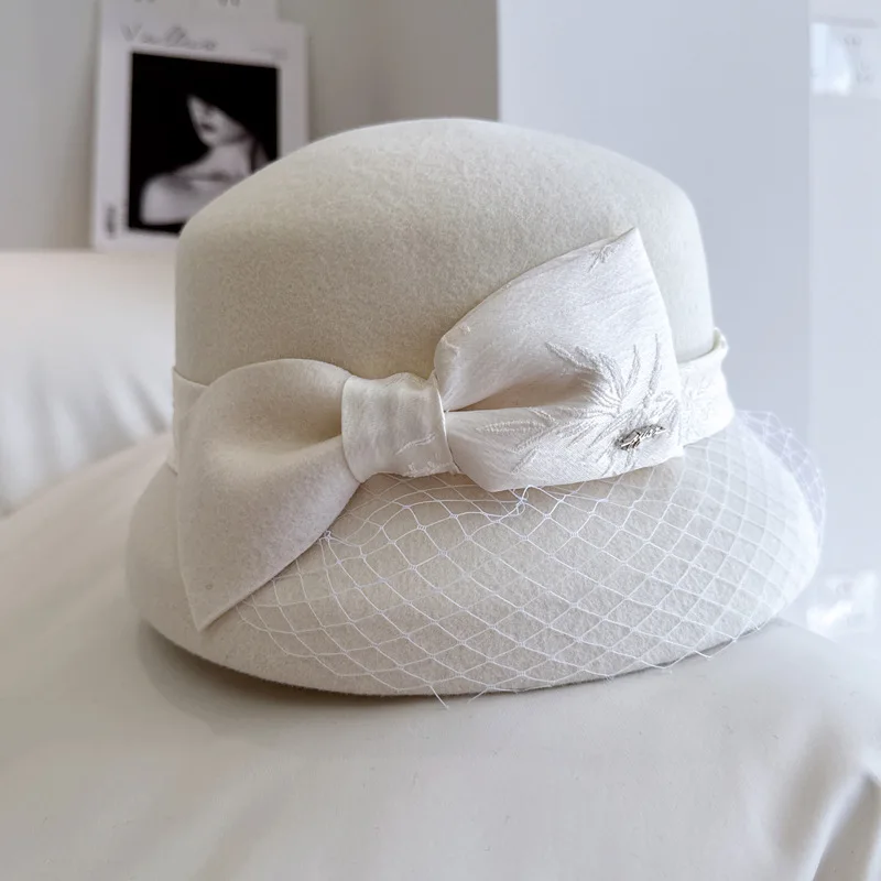 

Hepburn small fragrant wool basin hat Autumn winter simple elegant bow fisherman hat women's banquet top hat