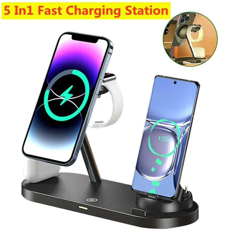 5 In 1 Magnetic Wireless Charger Stand LED Light for iPhone 15 14 13 Pro Max Apple Watch 8 7 Airpods Fast Charging Dock Station