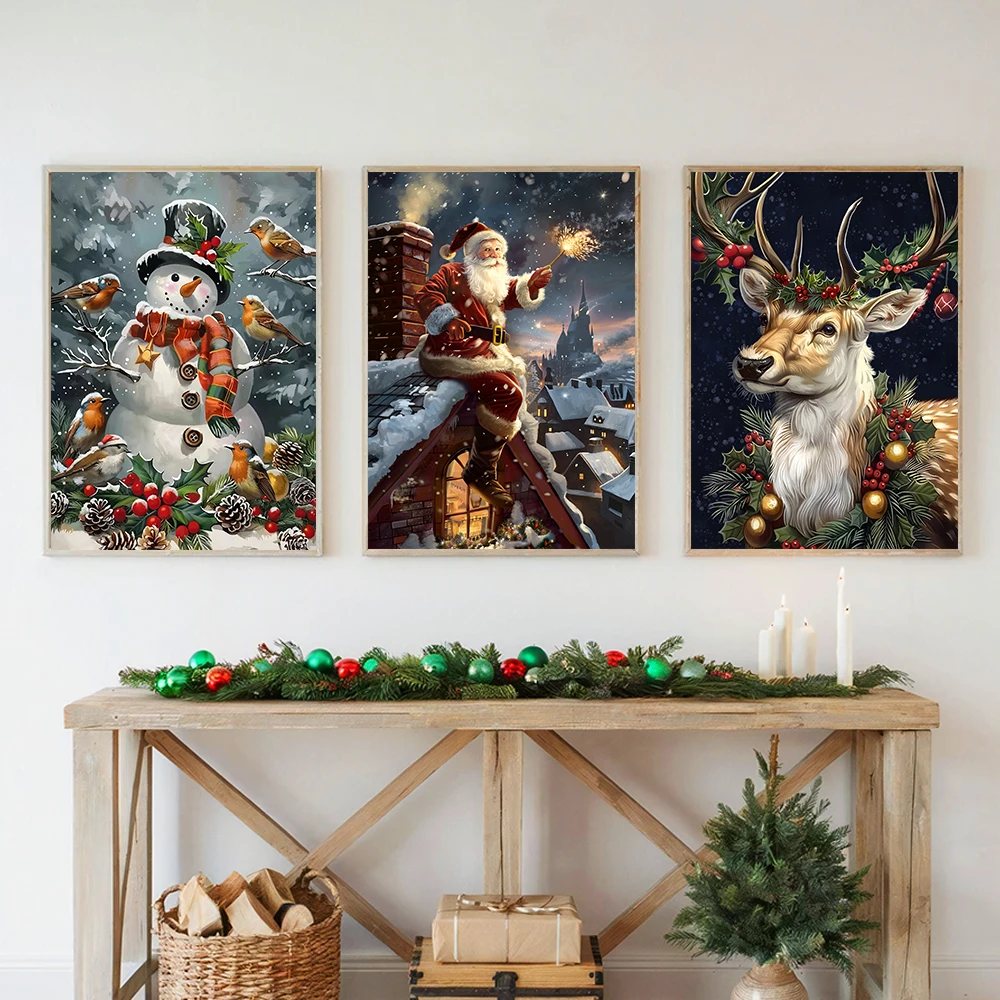 

Christmas canvas wall art, animals and holiday typographic posters, snowman and reindeer, perfect for family home decor