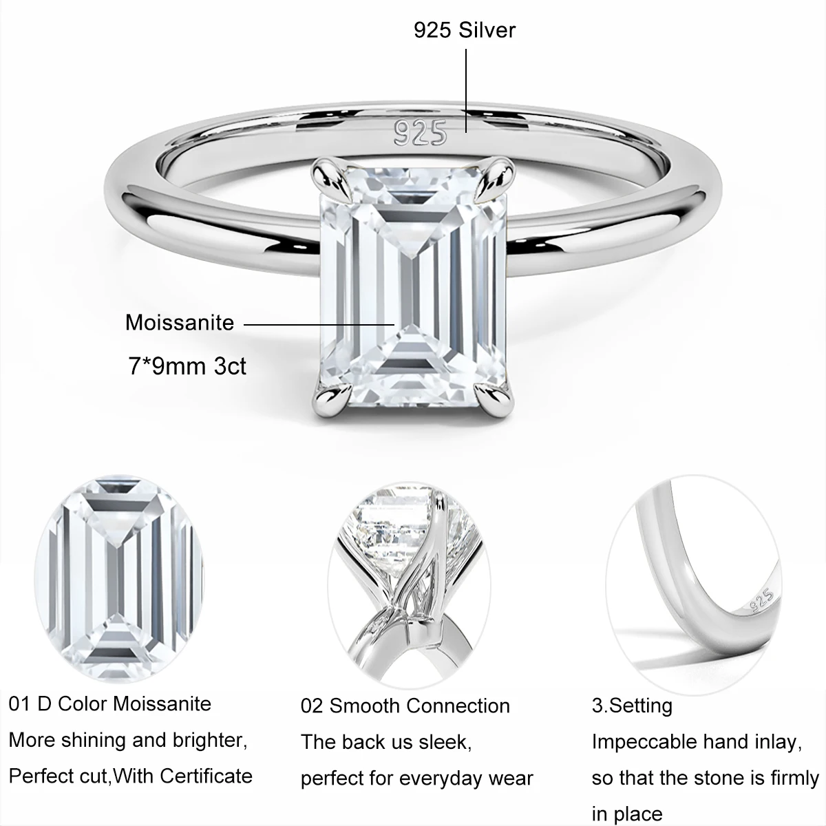 Kirin Palace 3CT Moissanite Ring for Women White/Yellow/Rose Gold 7*9 Emerald Cut D/VVS1 Solitaire Ring for Engagement Wedding