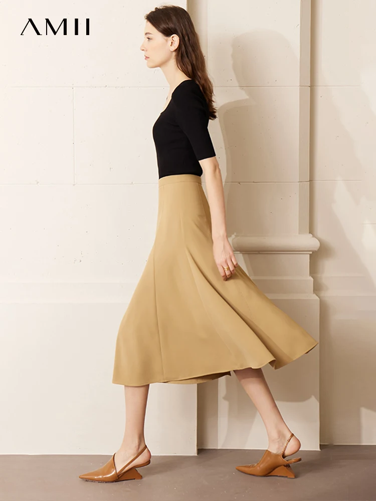 AMII Minimalism Skirts for Women 2023 Spring New High Waist Fishtail Skirt Irregular Hem A-line Robe Women Midi Skirt 12362010