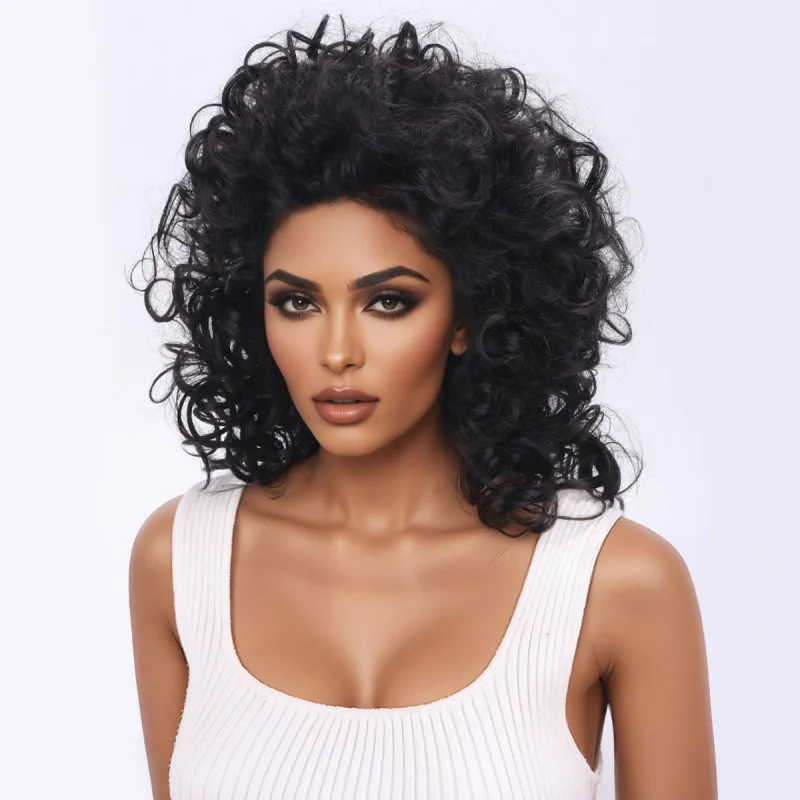 New African women's short , black hair , small curly afro , European and American wigs
