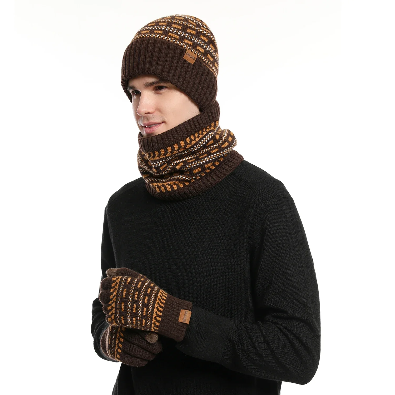 Set invernale da uomo Keep Warm Set berretto Unisex guanti con dita in pile fodera in pile sciarpa maschio filato di lana lavorato a maglia marmitta cappello con ghetta al collo