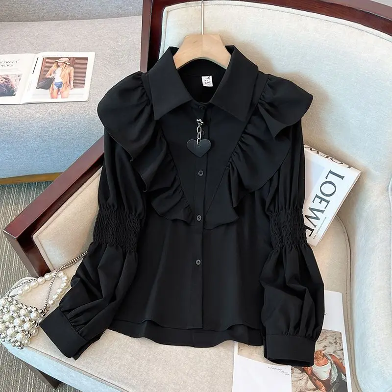 

Korean Oversize Black Ruffles Blouses Autumn Vintage Fashion Shirt Women Loose All-match Blusas Mujer Lady White Shirts Chemises