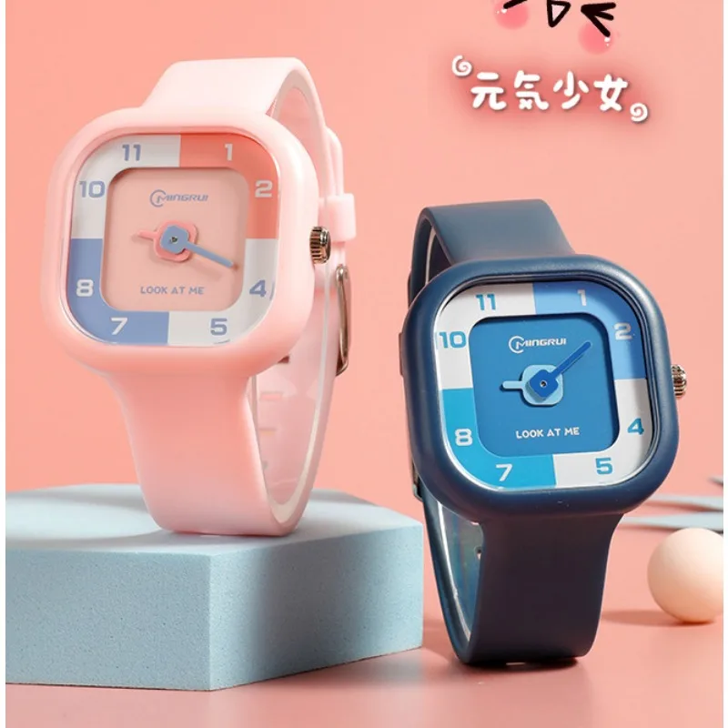 Square Students Watch Boys and Girls Simple 3 Bar Waterproof Sports Watches Silicone Strap Candy Color Creative Dial Kids Clock