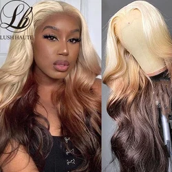 Perruque Lace Front Wig Synthétique de Couleur Ombre Brune Blonde, 613 Racines avec Extrémités Noires, Body Wave, Dentelle Transparente, Cosplay