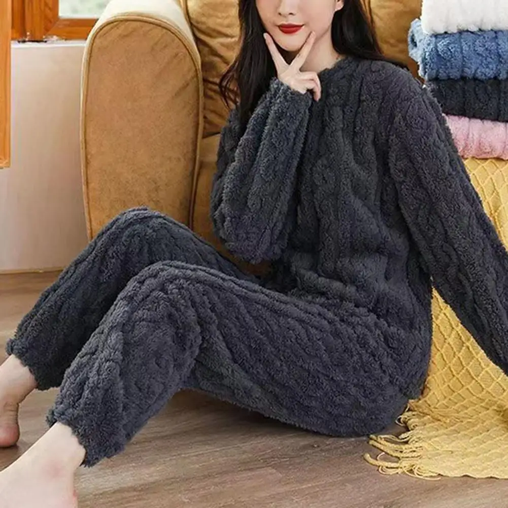 Conjunto de pijama de felpa para mujer, ropa de dormir de terciopelo grueso acanalado, conjunto de lana, Jersey y pantalones informales, 2023