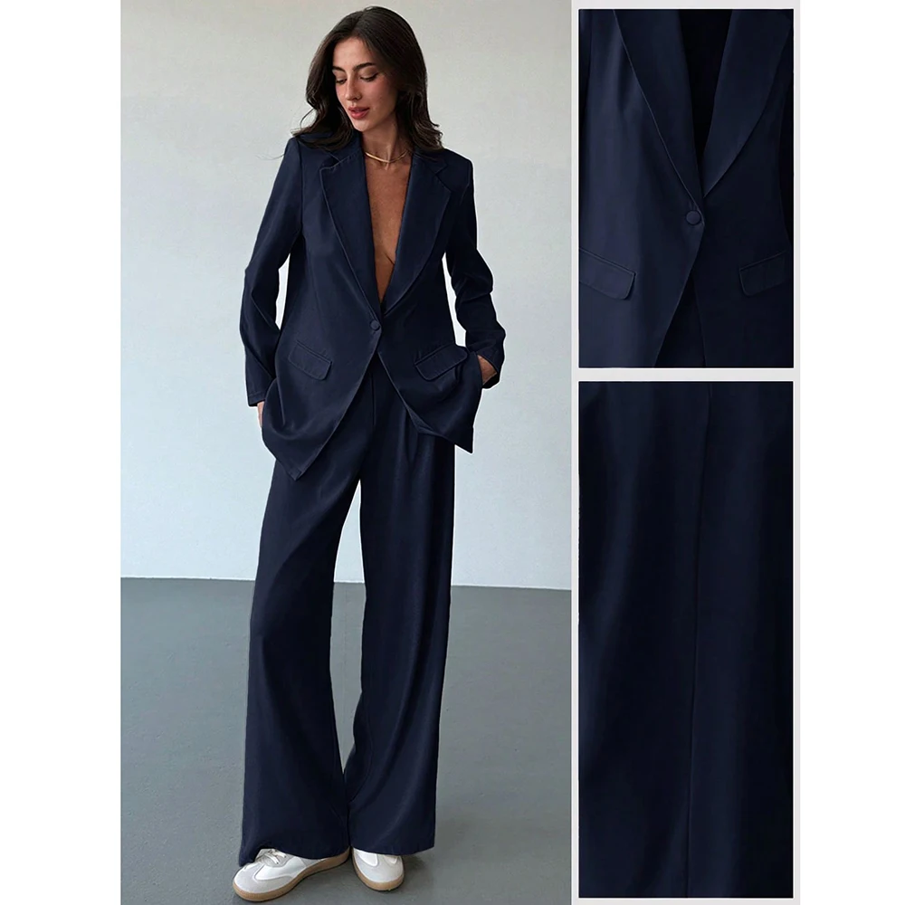 

Classic Navy Blue two Pieces Suit Set for Women One Button Notch Lapel Jacket Pant Set Slim Fit Office Business Female Clothing
