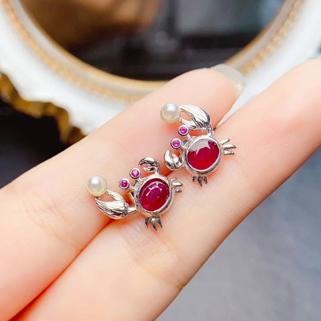 FS 4*5mm Natural Ruby S925 Sterling Silver Cute Crab Earrings for Women Fine Charm Wedding Party Jewelry Certificate MeiBaPJ