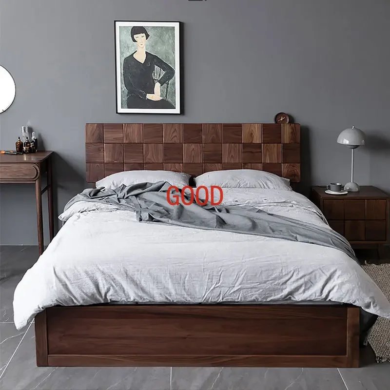 Nordic Light Luxury Black Walnut Log Solid Wood Bed Double Bed Master Bedroom Bed Modern Minimalist