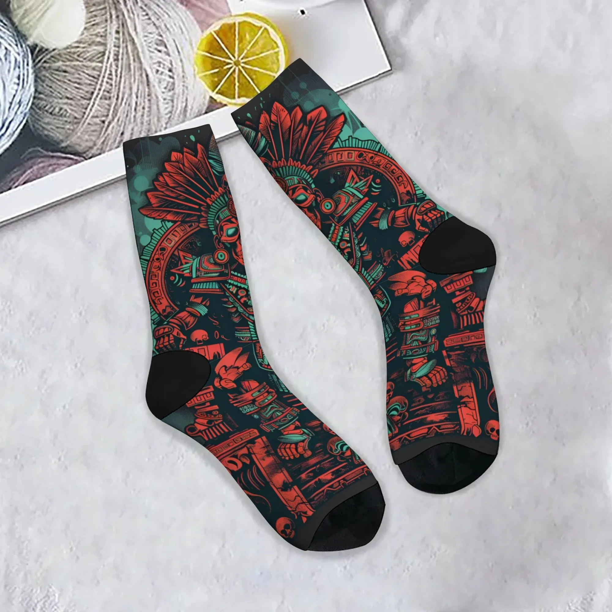 Mayan Aztec Skull Socks Durable Lightweight Wrinkle-Resistant Men's Socks Cycling Hiking Camping Stree Hip Hop Edgy Sports Socks