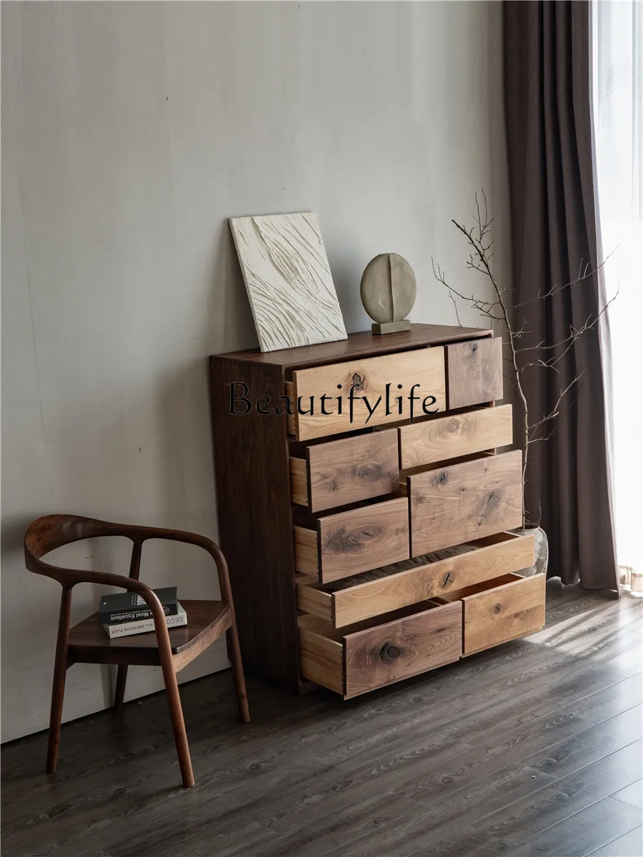 Nordic Style Multi-Drawer Cabinet Hallway North America Black Walnut Simple Solid Wood Wall Locker