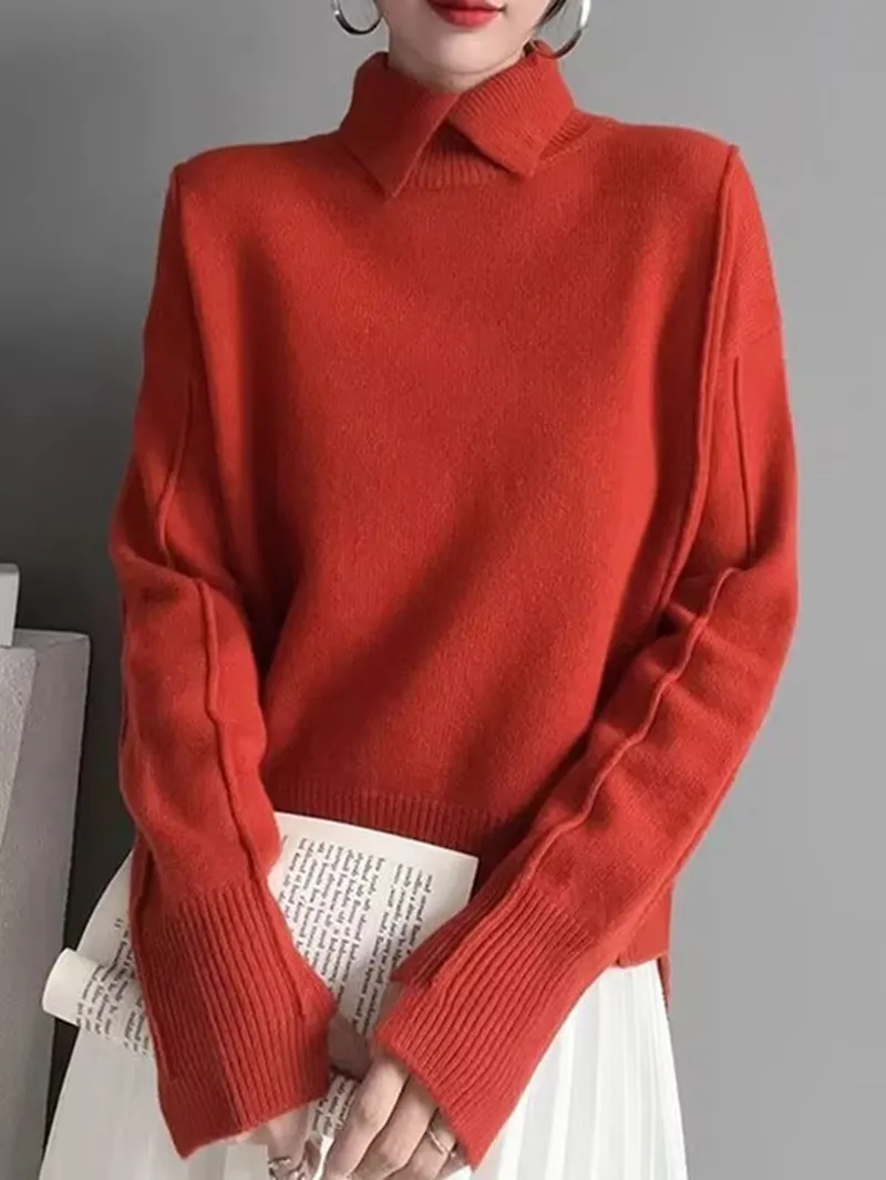 Polo Collar Knitted Sweater 2025 New Autumn Winter Women Elegant Solid Color Sweater Female Soft Pullover Casual Bottom Shirt