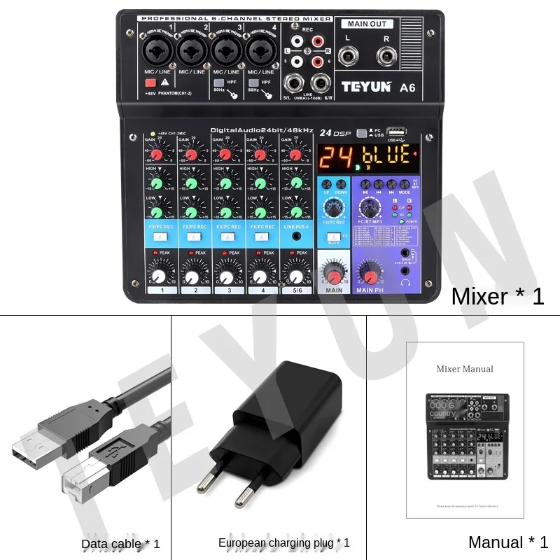 TEYUN-controlador de Dj, de 6 vías mezclador de sonido, equipo profesional de Audio, consola de mezcla, Video portátil profesional, electrónica de