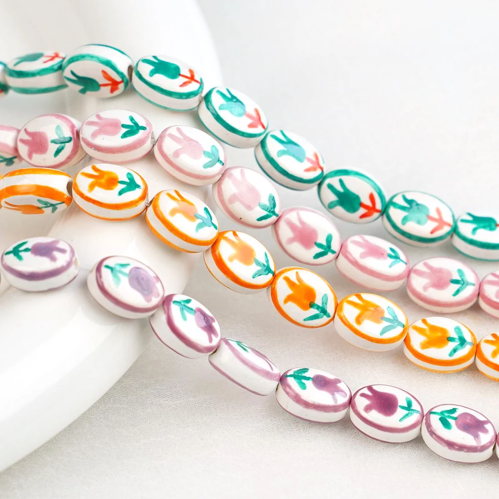 10pcs Hand Painted Single Flower Tulip Beads Charms Ceramic Spacer Loose Beads For Jewelry Making DIY Bracelet Accessories